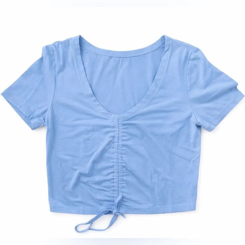 Y2K Blue Ruched Tie Front Crop Top V Neck Short Sleeve Baby Tee XS
